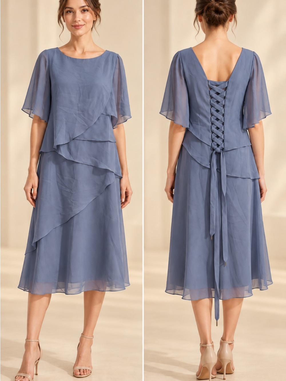 Lace-Up Back Layered Midi Dress in Dusty Blue-Slate